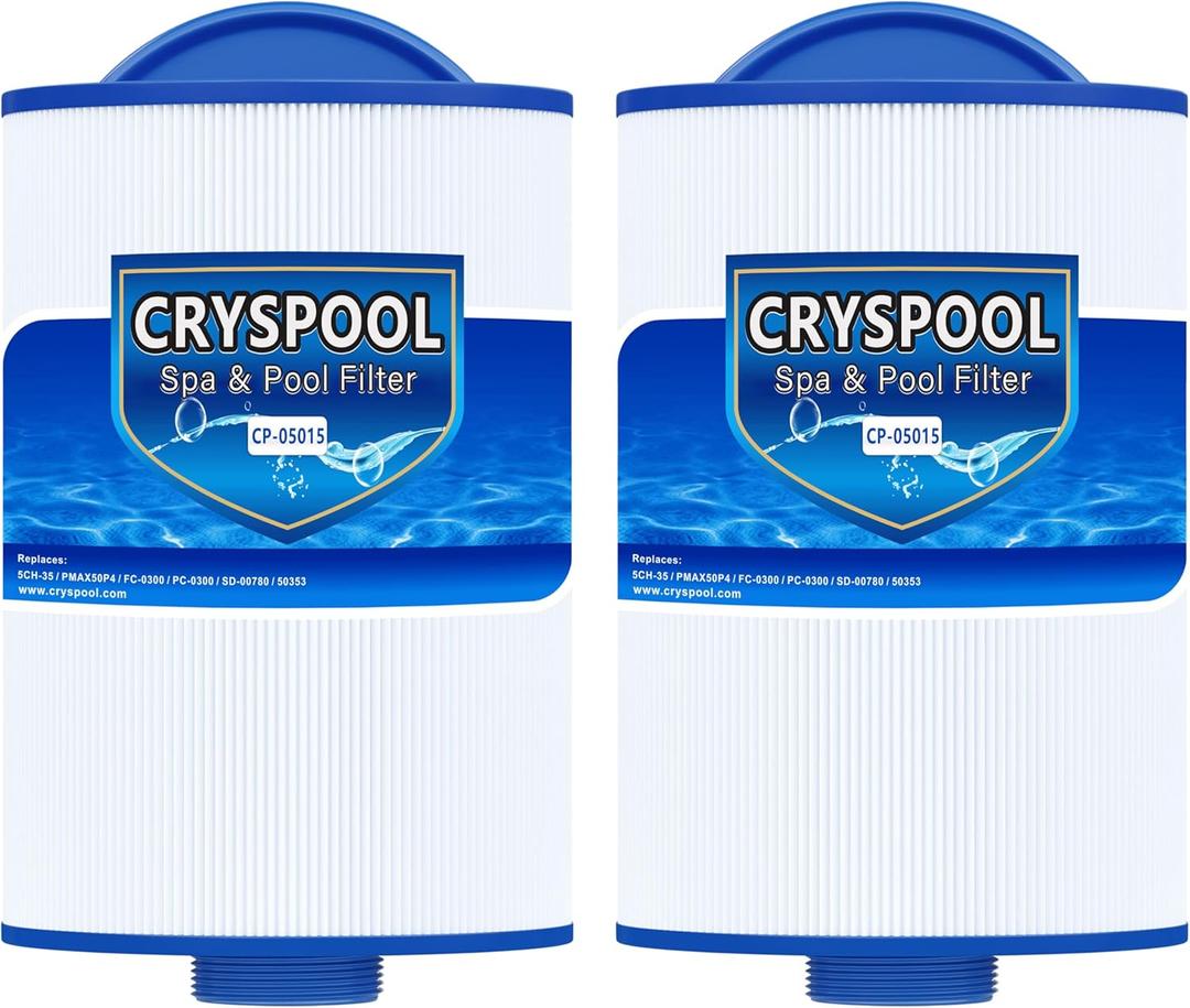 Cryspool 05015 Spa Filter Compatible with 5CH-35, PMAX50P4, PAS35P, Maax 104309, FC-0300, 35 Sq. Ft hot tub Filter Cartridge, 1 1/2" MPT, 2 Pack