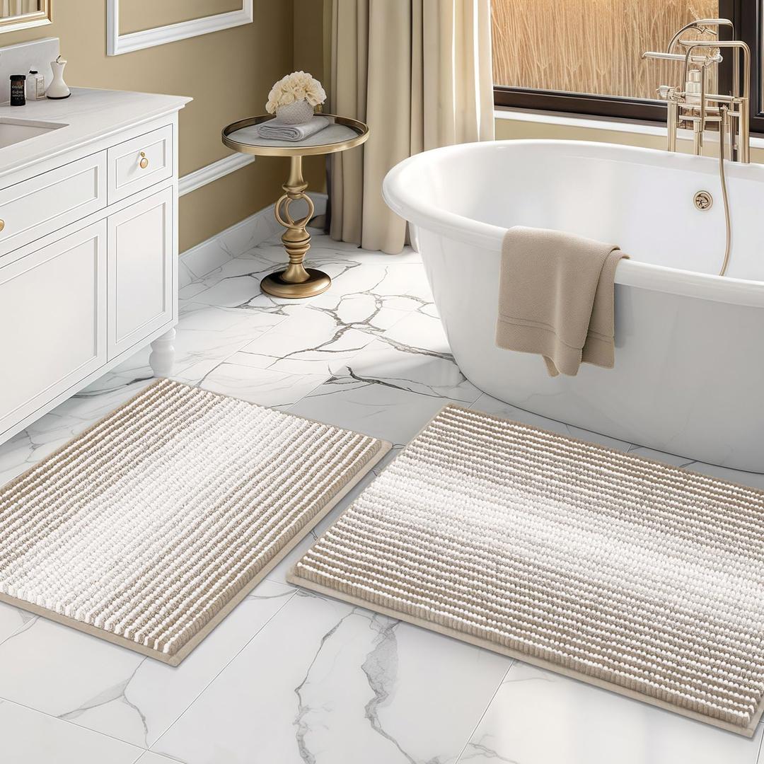 Bathroom Rugs and Mats Sets, 2 Piece Thick Absorbent Chenille Bath Mat Rug Set Non Slip, Soft Shaggy Bath Room Floor Mats for Bathroom, Machine Washable (Light Taupe, 20" x 32" Plus 16" x 24")
