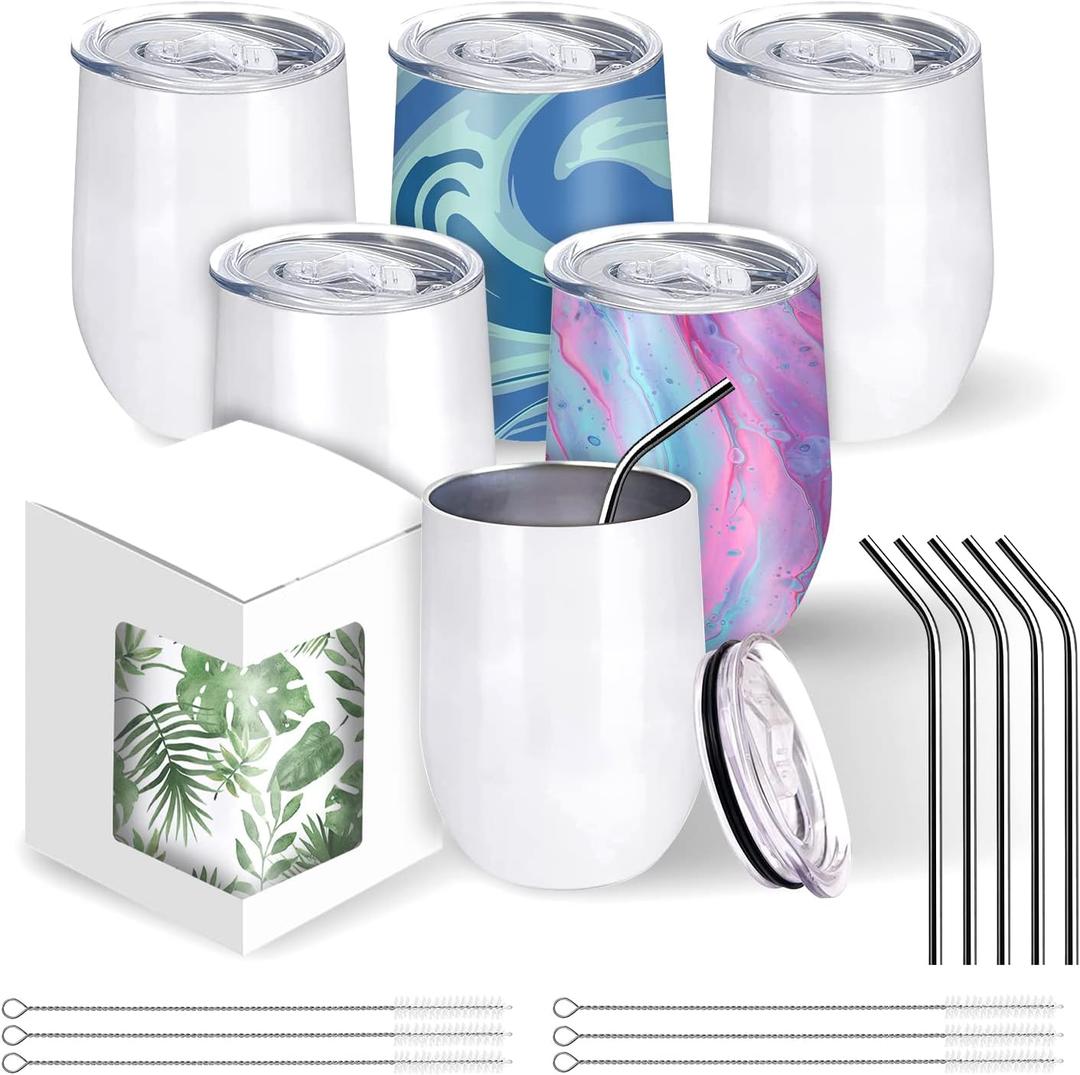 BetterSub12 oz Sublimation Wine Tumblers, Double Wall Insulated Stainless Steel Sublimation Cups with Lid, Metal Straw, Brush, Individually Display Box, White (6 Packs White)
