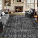 8x10 Vintage Washable Area Rug for Living Room,Low Pile Non Slip Carpet Non-Shedding Large Area Rug Soft Indoor Stain Resistant Rug Floral Print Mat for Bedroom Dining Room Dark Black