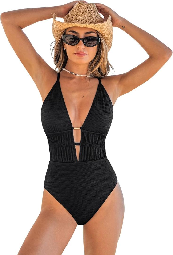 CUPSHE Women's One Piece Swimsuit Plunging Neck Cutout Monokini Textured | Bathing Suit, Removable Soft Cups, Ruched, Crisscross Self Tie Back, Adjustable Straps, Moderate Coverage, Vacation Ready (Black, L)