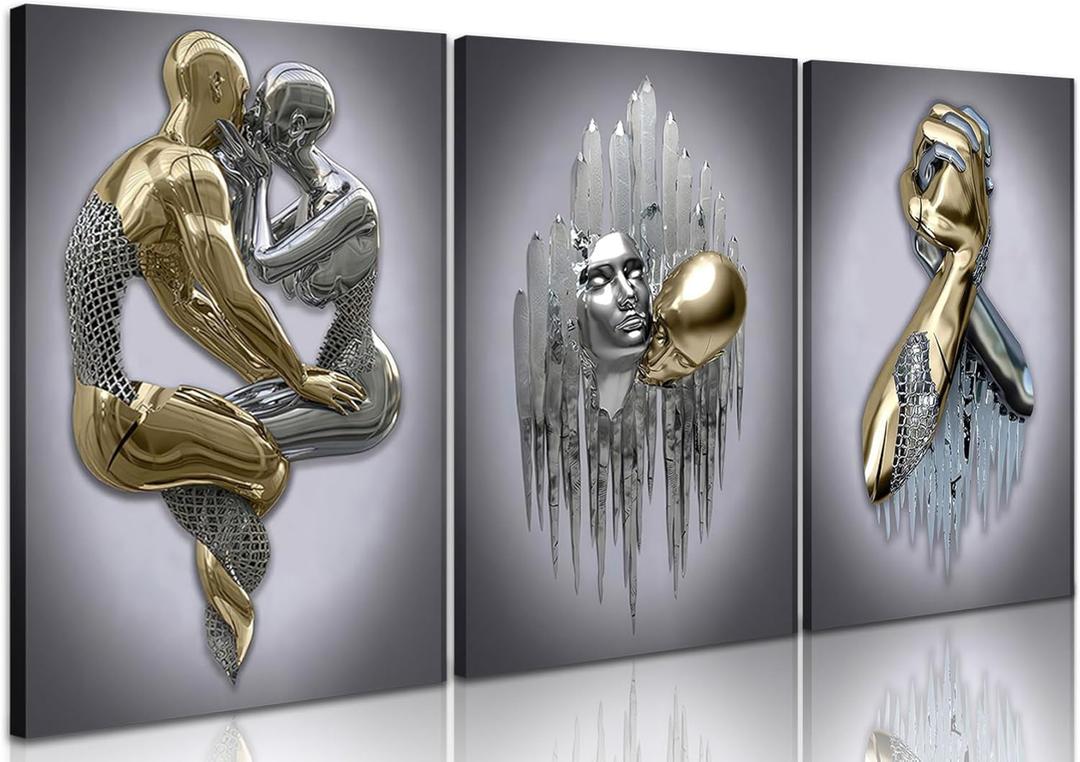 Modern Bedroom Wall Art Set of 3-3D Metal Effect Couple Canvas Paintings Wall Decor, Abstract Figure Statue Art Prints for Living Room Home Decor - 16x24in Framed
