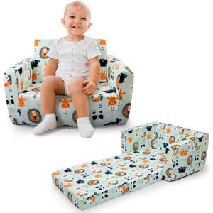 Kids Sofa, Comfy 2-in-1 Toddler Couch Fold Out, Convertible Sofa to Toddler Lounge Chair for Boys and Girls (Animal, Green)
