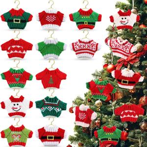 24 Pcs Christmas Ugly Sweater Hanging Ornament(12 Sets) with Mini Clothes Hanger Xmas Sweater Knitting Winter Sweater Pendant for Christmas Tree Kitchen Cabinet Decor Favors Gift (A)