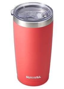 SUNWILL Travel Coffee Tumbler 20 oz, Insulated Mug with Lid, Stainless Steel Cup for Hot and Cold Drinks, Powder Coated Coral