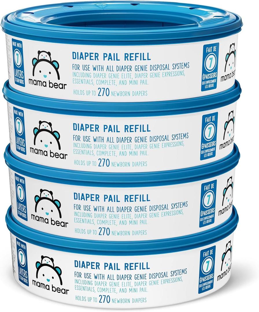 Amazon Brand - Mama Bear Diaper Pail Refills with Odor Control for Diaper Genie Pails, Unscented, 1080 Count (4 Packs of 270 Count)