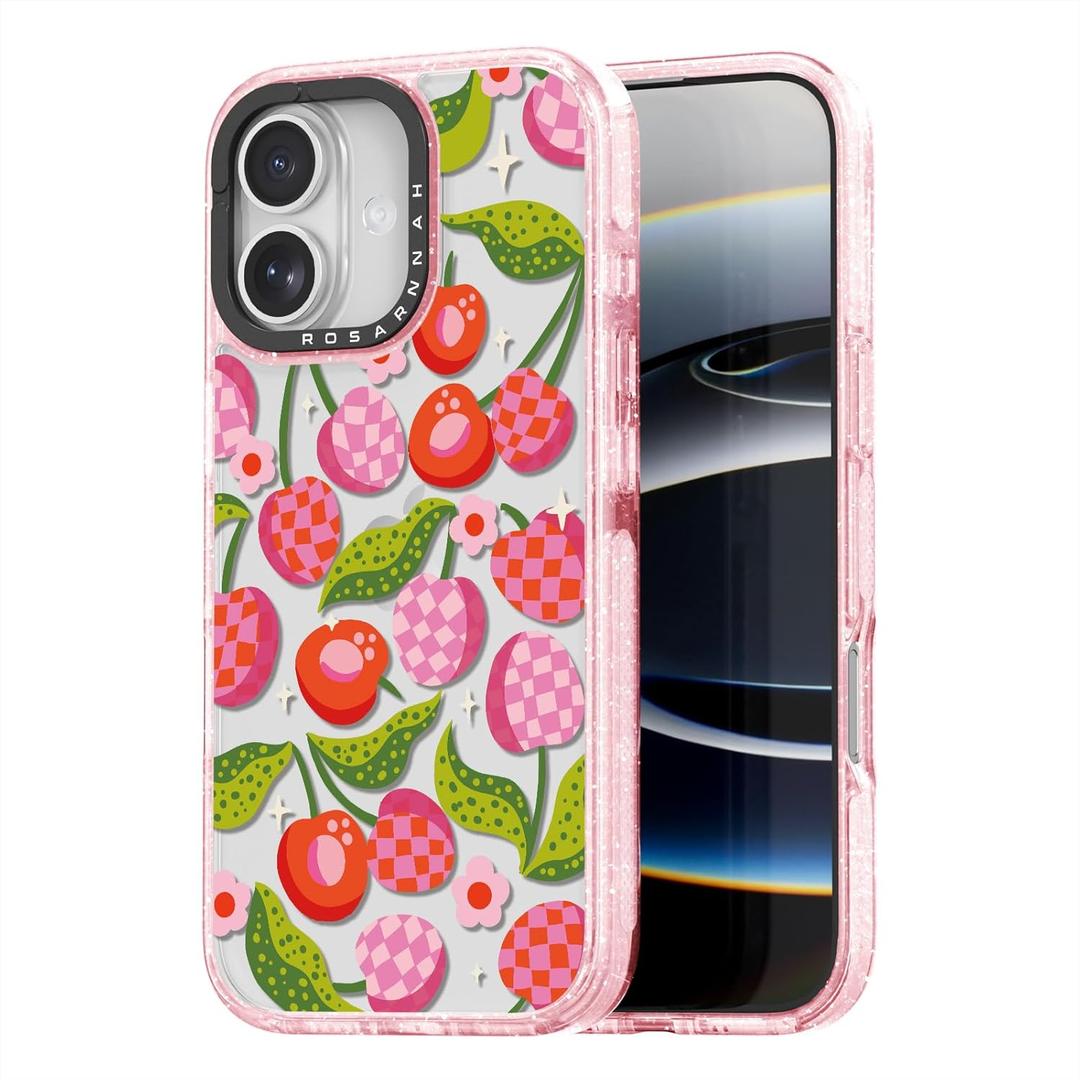 for iPhone 17 Case Cute - Durable Shockproof 6.6 ft Drop Impact Phone Case - Funny Plaid Cherry Design (6.3") Glitter Pink