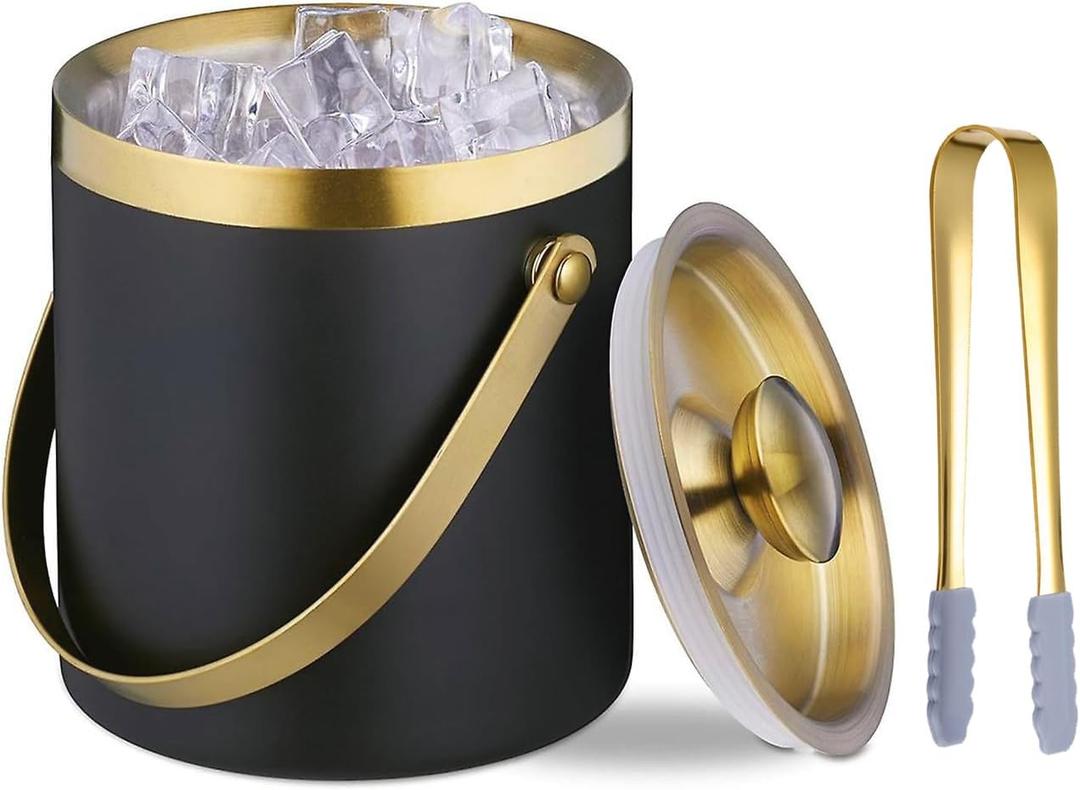 Ice Bucket with Lid, Handle and Tong Black Gold Insulated Stainless Steel Champagne Bucket 2L Wine Bucket for Party Bar Cart Accessories Large Double Wall Bucket Keep Frozen