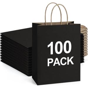BagDream Recyclable Kraft Paper Gift Bag, 8x4.25x10.5 Inches, 100Pcs, Black, with Handles, Bulk, FSC Compliant, Multipurpose