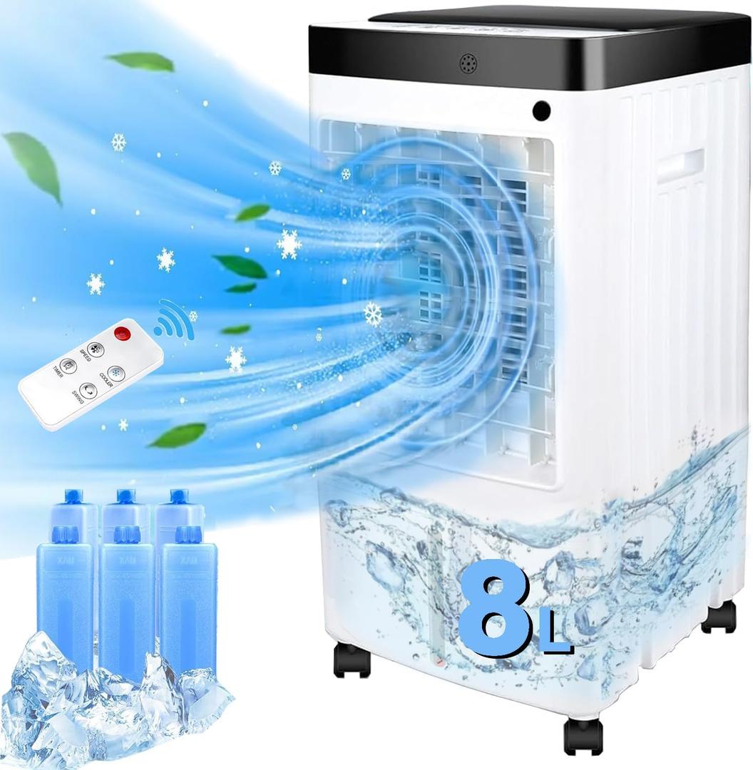 Portable Air Conditioners with 8L Water Tank, 2024 New Quiet Swamp Cooler 3 Adjustable Speeds, 70 Oscillation, 6 Ice Packs, Remote Control, Efficient Air Cooling for Rooms, Bedrooms, Office