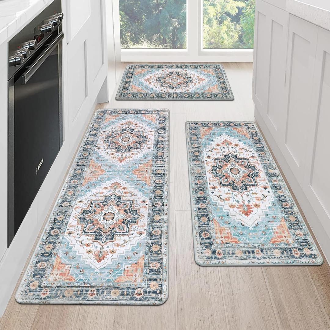 Cushioned Kitchen Rug Sets 3 Piece Anti Fatigue Kitchen Mats for Floor Non Slip Waterproof Kitchen Rugs and Mats Comfort Standing Mat Runner for Home Office,Sink,Laundry (17.3''x28''+17.3''x36''+17.3''x48'', Blue)