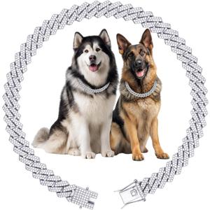 Luxury Cuban Link Dog Collar Silver Dog Chain Necklace with Diamond Rhinestones - 0.59 Inch Width Metal Pet Collar Jewelry for Small Medium Large Dogs & Cats (24 inch)