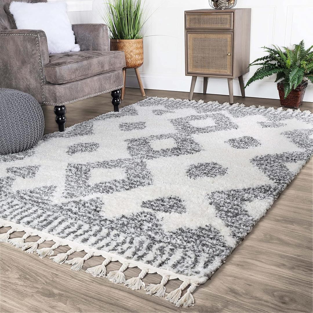 Superior Indoor Area Rug Perfect for Bedroom, Laundry Room, Entryway, Office, Playroom, Nursery, Fluffy Carpet Cover, Modern Geometric Diamond Lattice Shag LORE Collection, 8' x 10', Ivory Black