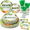 350 Pcs Dinosaur Baby Shower Party Favor Rawr Its a Boy Disposable Tableware Napkins Cups Knives Forks Spoons for 50 Guests Dino Birthday Party Decoration (Green)