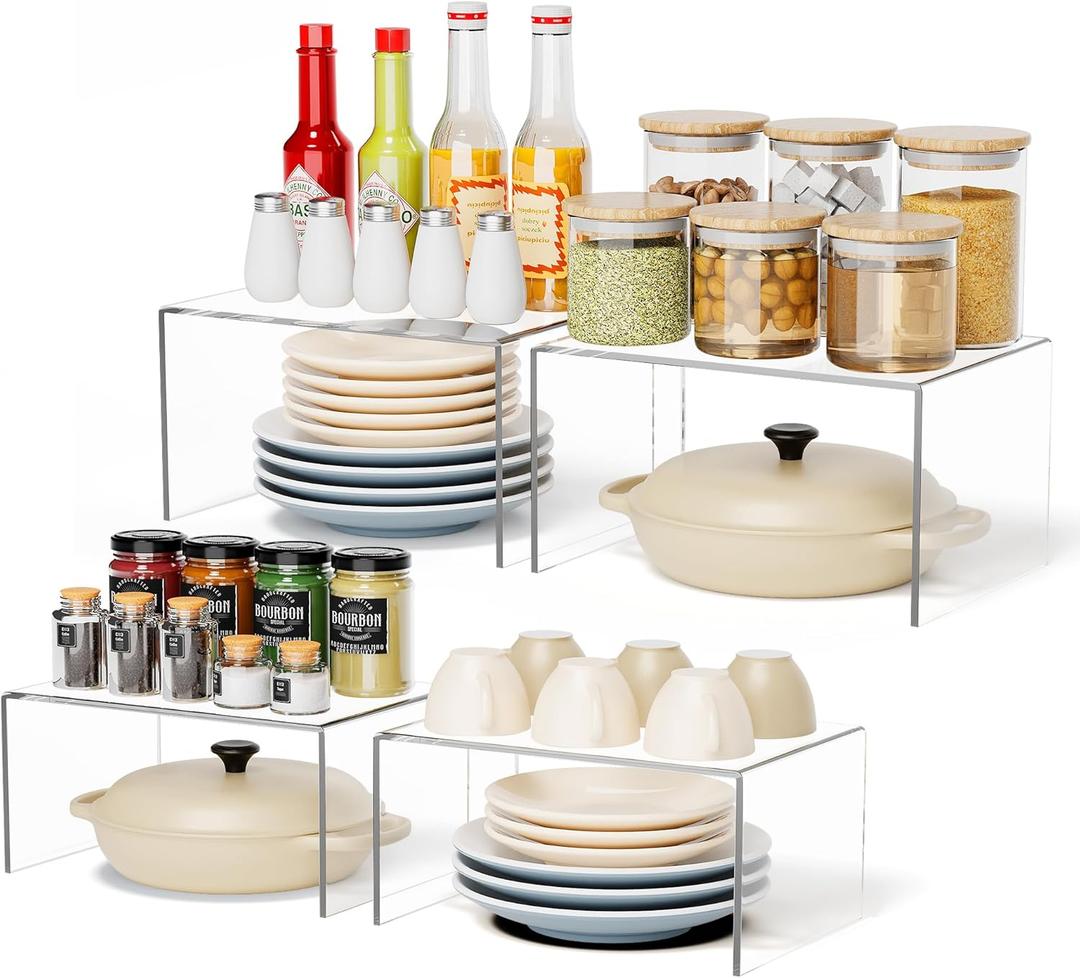 Yakaly Acrylic Cabinet Shelf Riser Set of 4, HeavyDuty Kitchen Organizers with NonSlip Pads, Clear Countertop Spice Shelves for Pantry Storage & Cabinet Decor