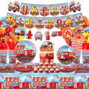 Firetruck Birthday Party Decorations - Fire Truck Party Supplies, Plates Cups Napkins Tablecloth Happy Birthday Banner Balloon Cake Toppers for Truck Theme Party Baby Shower Supplies