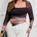 MakeMeChic Women's Plus Size Tie Dye Square Neck Lettuce Trim Asymmetrical Long Sleeve Tee Shirt Tops (Purple, XL)