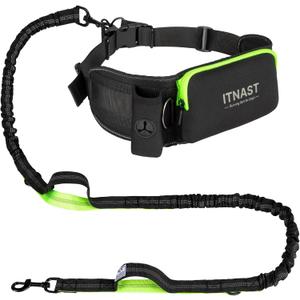 Hands Free Dog Leash for Medium Large Dogs, Waist Support Padded Bungee Dog Running Leash with Reflective Stitching for Walks, Jogging, Running, Hiking, and Dog Training (Black/Green)