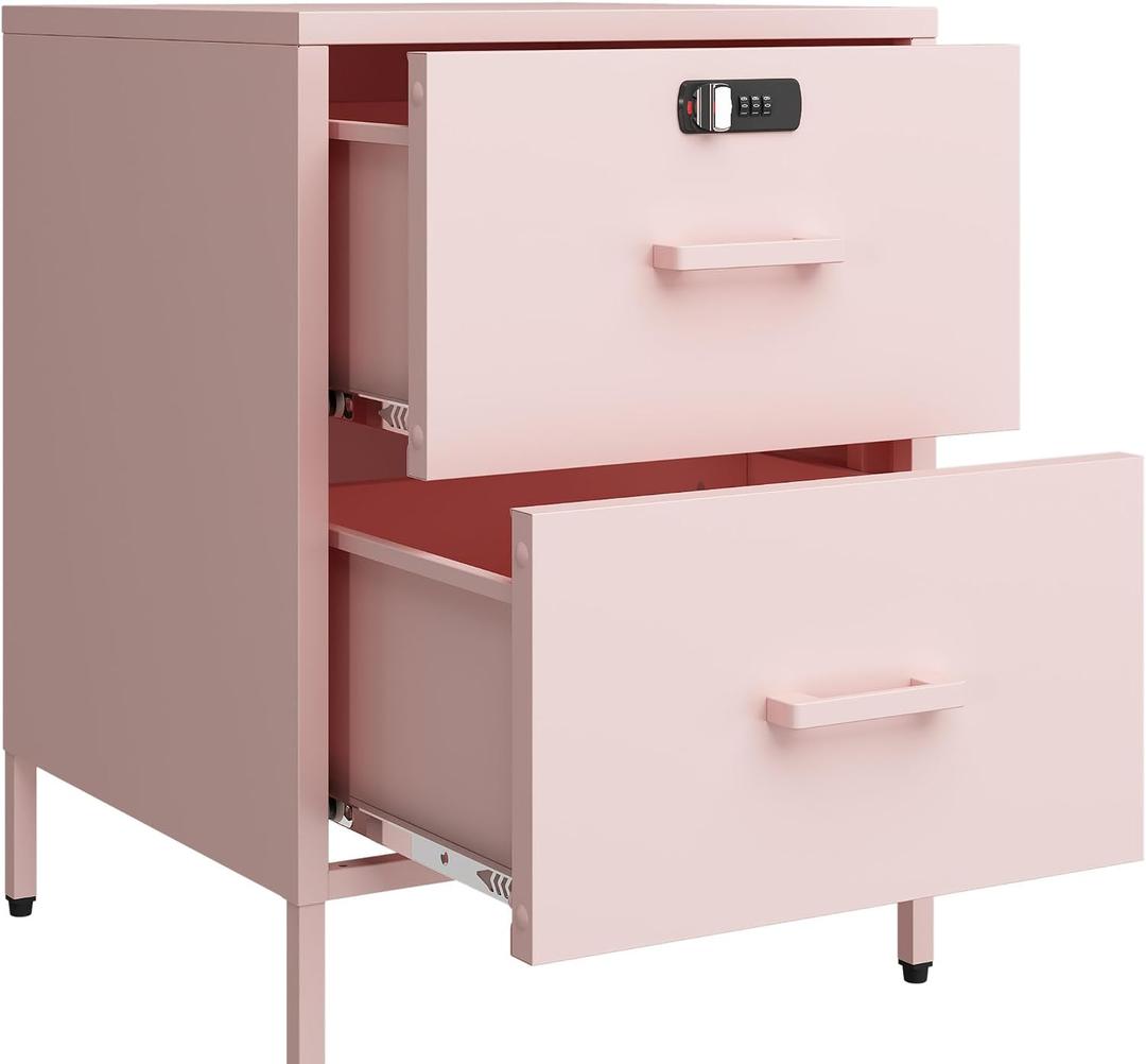 Steehoom Metal Nightstand with Lock, 2 Drawer End Side Table, Lockable Storage Cabinet Kids Cabinet for Living Room, Bedroom, Dorm, 21.26”H X 15.75”W X 15.75”D (2 Drawer, Pink), 15.75" X 15.67" X 21.26"