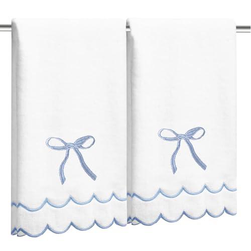 2 Pcs Coquette Bow Hand Towels 15.75 x 27.56 Inch Scalloped Embroidered Dish Towel 100% Cotton Cute Preppy Decorative Bath Hand Towel for Kitchen Bathroom (Blue)
