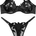Lilosy Sexy Satin Mesh Floral Sheer Embroidered Underwire Lingerie Set 2 Piece Women (Black, L)