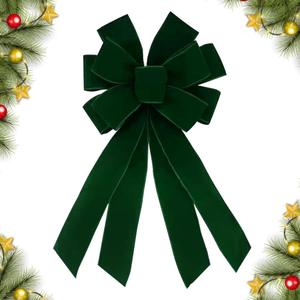 Christmas Wreath Bow 20 x 11 Inches Large Christmas Bows Green Velvet Bow Winter Farmhouse Bow Xmas Tree Topper Ornament Bow for Home Front Door Decorations