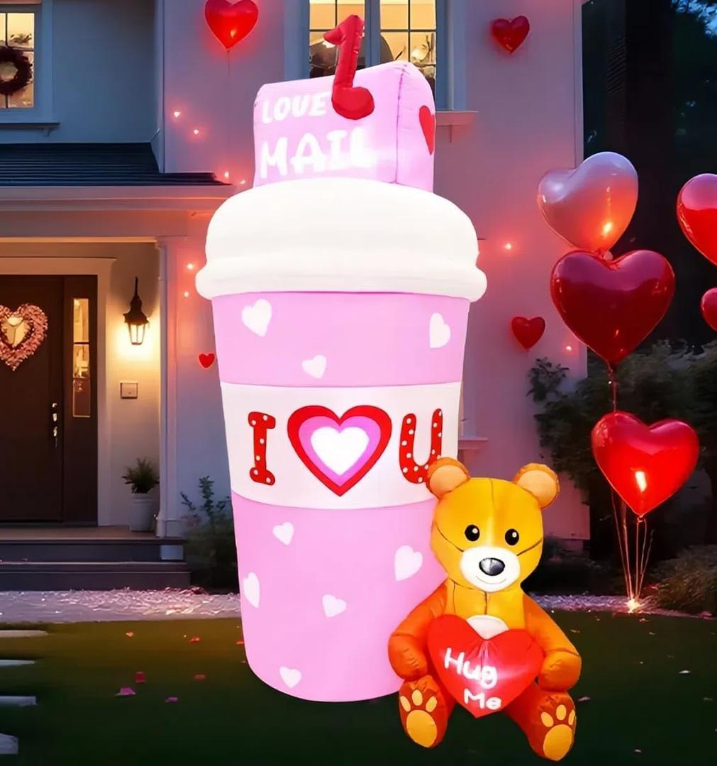 OurWarm Valentine Inflatables Outdoor Decoration, 6FT Valentines Day Inflatable Mail Coffee Cup, Pink Lighted Valentines Blow Up with Teddy Bear for Garden Lawn Outdoor Decor Wedding Party Proposal