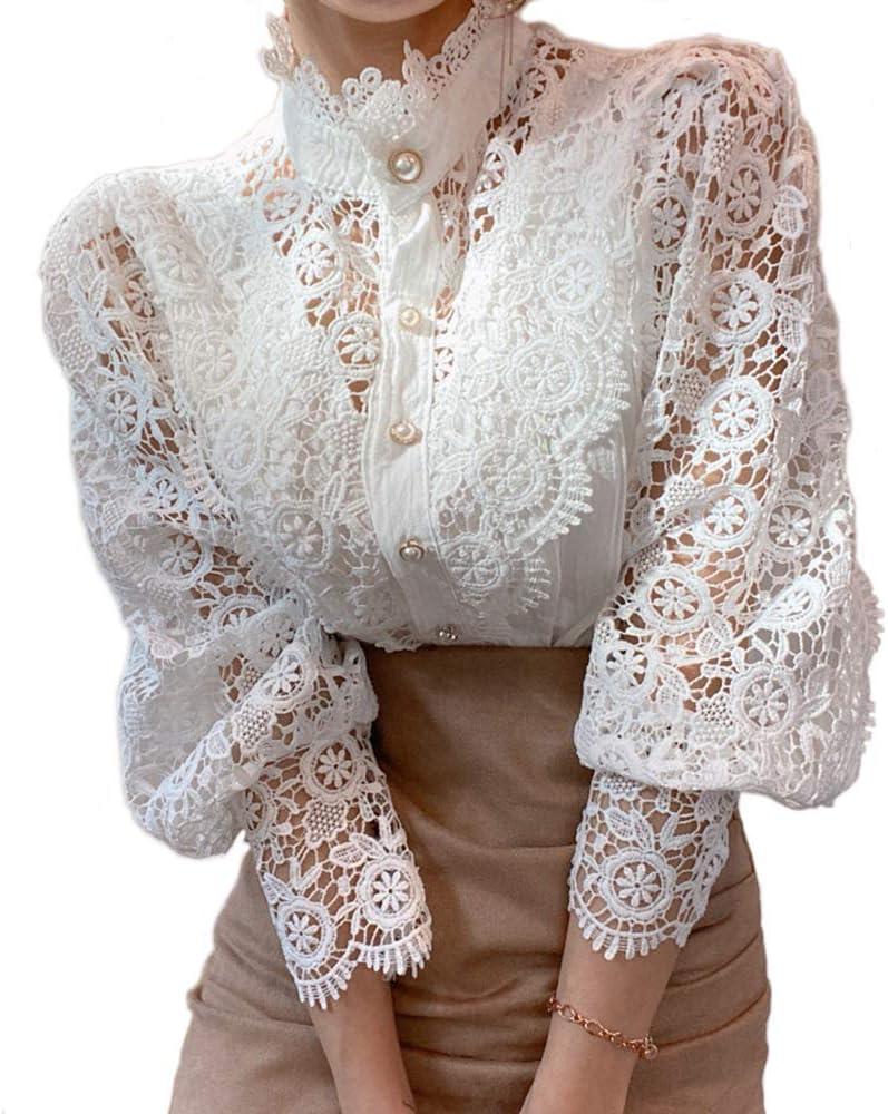 Womens Elegant Lace Trim Shirts Casual Victorian Blouse Long Sleeve Button Down Tops (Small, White)