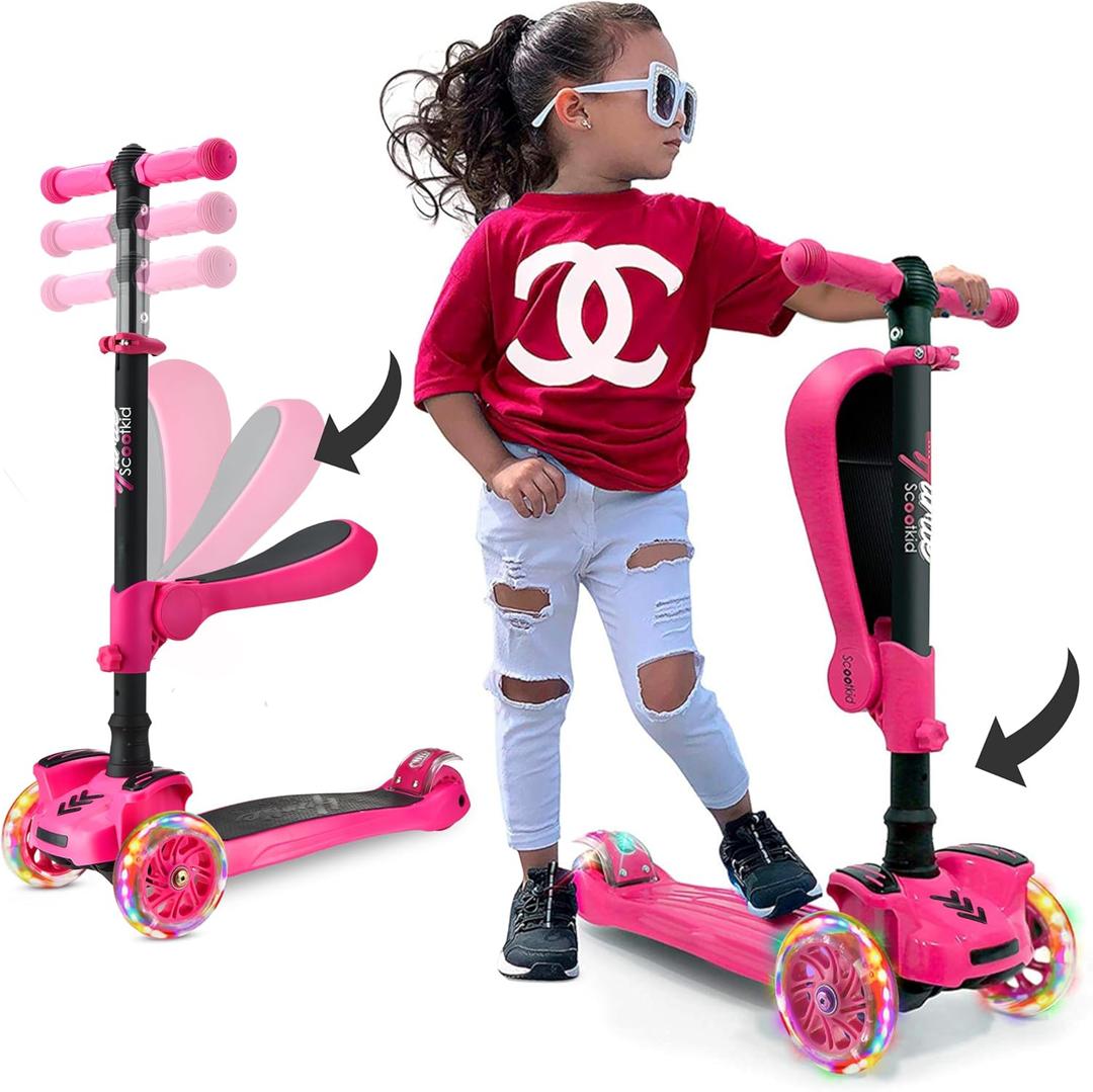 Hurtle 3-Wheeled Scooter for Kids - Wheel LED Lights, Adjustable Lean-to-Steer Handlebar, and Foldable Seat - Sit or Stand Ride with Brake for Boys and Girls Ages 1-14 Years Old (Pink)