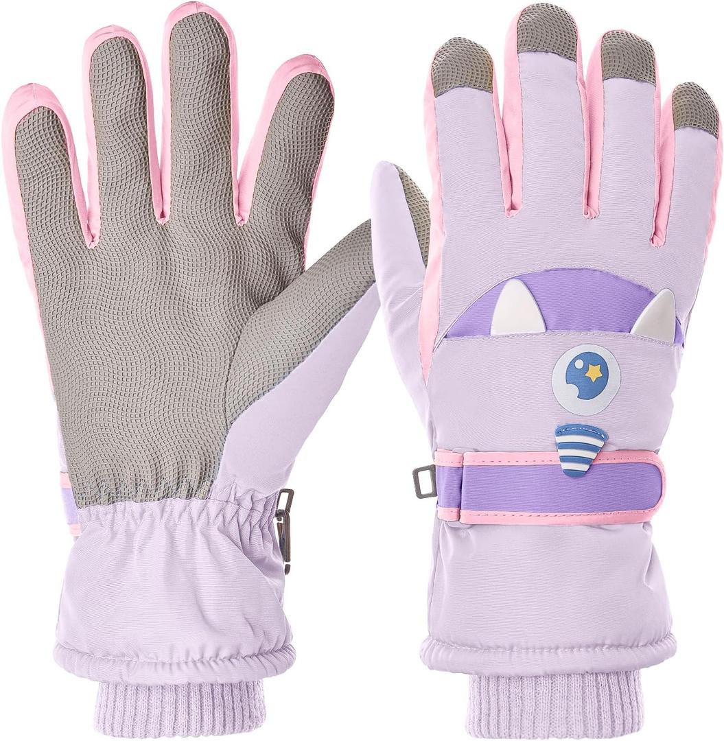Kids Touchscreen Ski Gloves Children Waterproof Winter Snow Gloves with Grip, Unicorn Monster Design, Anti-Loss Clip for Boys & Girls (Medium, purple)