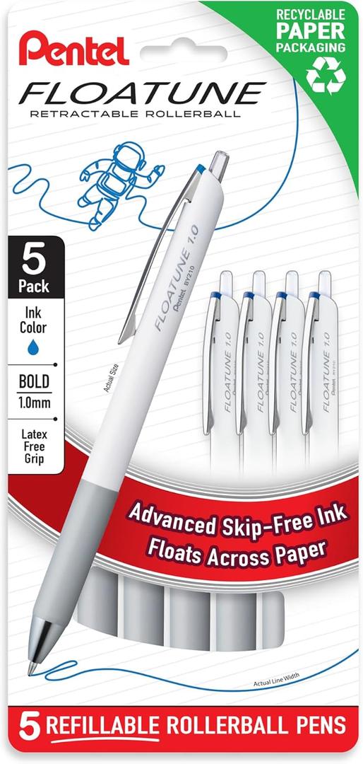 Pentel Floatune Retractable Rollerball, 1.0mm Bold Point, Blue Ink, 5-pk (BY210PF5C)