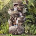 Alpine Corporation | 40" 4-Tier Rock Floor Fountain with Cascading Water & White LED Lights, Tranquil Outdoor Water Feature for Garden, Patio, Yard & Deck, Light Gray