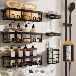 Veken Rustproof & Waterproof Shower Caddy 6-Pack, No Drilling Adhesive Shelves Rack with Soap Holder, Large Capacity Bathroom Organizers and Storage, Wall-Mounted Kitchen & Home Decor (6-Piece Set, Black)