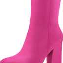 mysoft Women's Ankle Boots Square Toe Side Zipper GoGo Boots Chunky Block Heel Mid Calf Low Heeled Short Booties (8.5, Hot Pink)