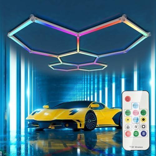Hexagon LED Lights,24 Pack Garage Light RGB with Color Changing Bright Lighting Car Detailing LED Shop Light Hexagon for Garage Basement Gym Bar, Aluminum