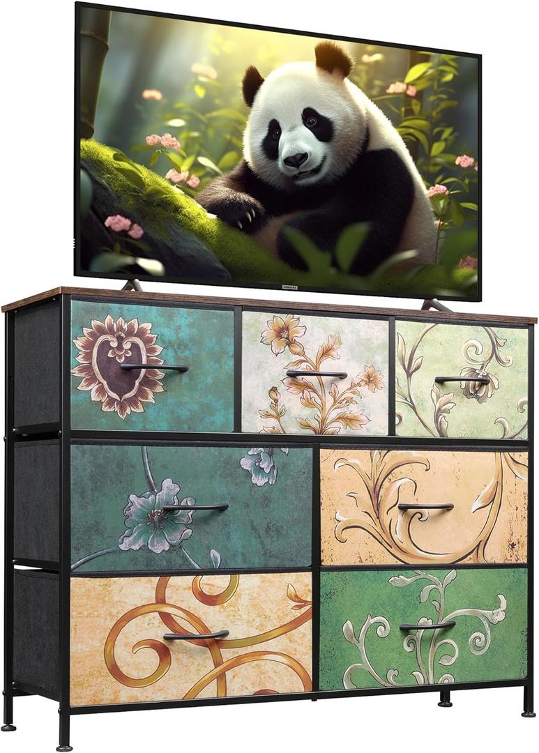 WLIVE 7 Drawer Dresser TV Stand, Entertainment Center, Media Console Table with Metal Frame and Wood Top for TV up to 45 inch, Chest of Drawers for Bedroom, Living Room, Floral Painted