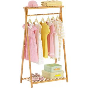 Bamboo Kids Clothing Rack,Small Dress Up Clothes Rack for Kids,Child Dress Up Rack with 2 Storage Shelves,Portable Garment Rack for Playroom Toddles Bedroom