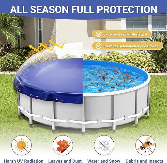 New Upgrade】 Winter Pool Cover 15 ft Round for Above Ground Pools, Extra Thick Durable Above Ground Swimming Pool Protection Cover, Encryption Grommets,Cold and UV Resistant with Premium Winch,Cable