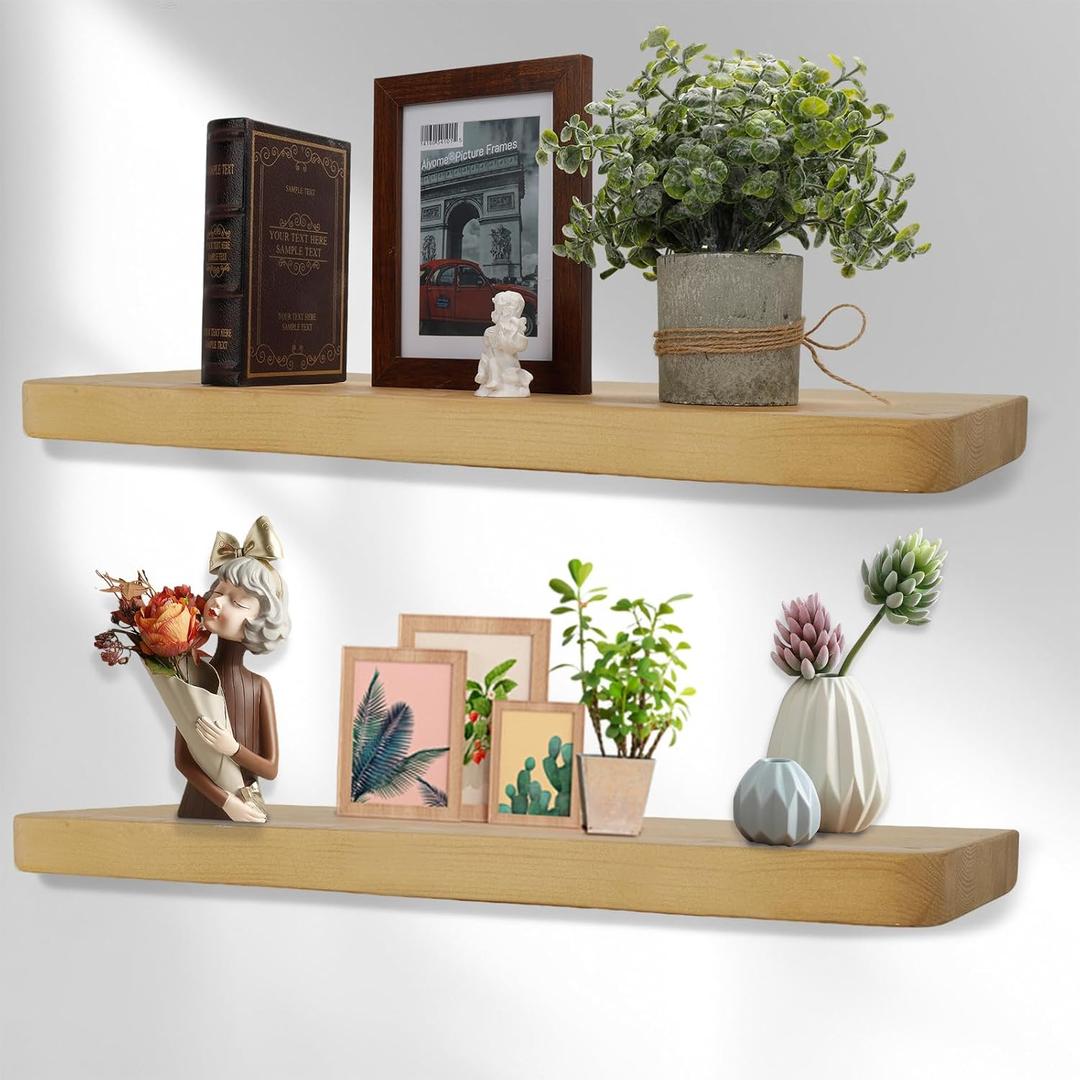 Solid Wood Floating Shelves for Wall, 17Inch Floating Shelves Set of 2, Hanging Shelf with Invisible Brackets, Wood Shelves for Living Room, Bedroom, Kitchen, Nature