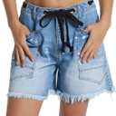 D-Sun Women's Denim Shorts Summer Mid Waist Drawstring Straight Leg Raw Hem Jean Shorts Baggy Boyfriend, Light Blue, 18
