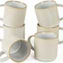 famiware Coffee Mug Set for 6, Star 12 oz Catering Mugs Cup Set with Handle for Coffee, Tea, Cocoa, Milk - Ceramic Stoneware Drinkware Set, Cappuccino White