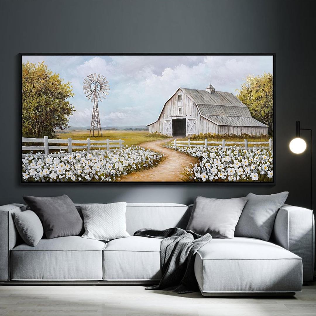 Large Rustic Painting Wall Art Farmhouse Barn Picture for Living Room Windmill Home Bedroom Decoration Modern Art Framed Artwork Decor 24x48inch