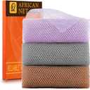 UJFQBH 3 Pieces African exfoliating net African Net Long Net Bath Sponge Exfoliating Shower Body Scrubber Back Scrubber Skin Smoother,Great for Daily Use (PurpleGrayBrown)