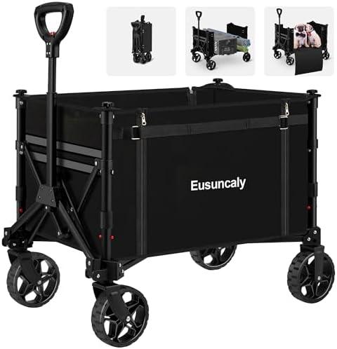 Eusuncaly Collapsible Wagon with Wheels, Wagons Carts Foldable, Heavy Duty Folding Utility Cart for Grocery, Camping, Shopping, Sports, Garden, Fishing, Black