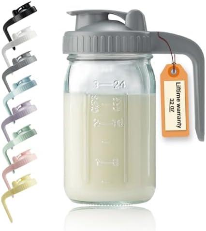Glass Pitcher with Lid & V-shaped Pour Spout - 1 Quart Breastmilk Pitcher Double Leak Proof, Creamer Container for Sun Tea, Juice, Cold Brew Coffee, Breastmilk Storage Container