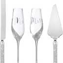 Sratte 4 Pcs Wedding Cake Knife and Champagne Flutes Server Set, Toasting Crystal Rhinestone Champagne Flutes Glasses Cake Knife Pie Server Wedding Gifts for Couple Bride Groom (Silver)