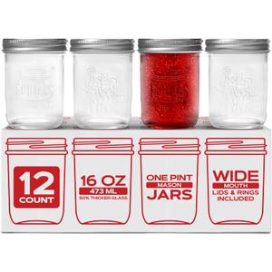 FORJARS Premium Mason Jars with Lids  16oz | Wide Mouth Canning Jars | 12-Pack Glass Jars for Jam, Jelly, Pickling, Food Storage, Freezer Safe, Airtight Bulk Set