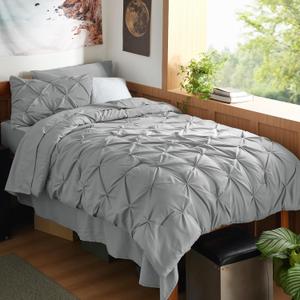 Bedsure Twin XL Comforter Set - Extra Long 5 Pieces Dorm Bedding Sets, GentleSoft Pinch Pleat Grey Bed in a Bag with Pintuck Comforter, Sheets, Pillowcase & Sham
