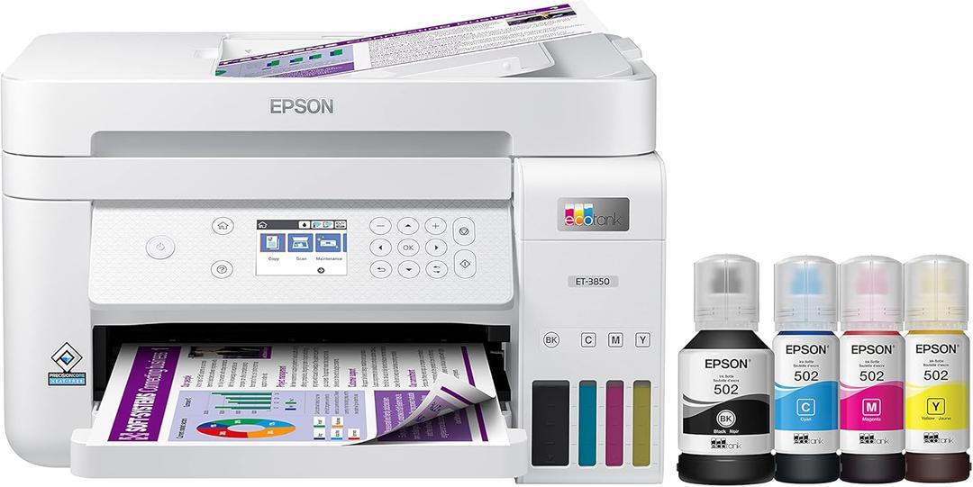 Epson EcoTank ET-3850 Wireless Color All-in-One Cartridge-Free Supertank Printer with Scanner, Copier, ADF and Ethernet White 