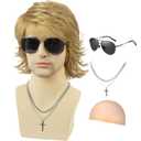 Mens Blonde Wig+Necklace+Glasses+Wig Cap,Layered Fluffy Wig For Male Daily Party Halloween Cosplay Costume UseBlonde